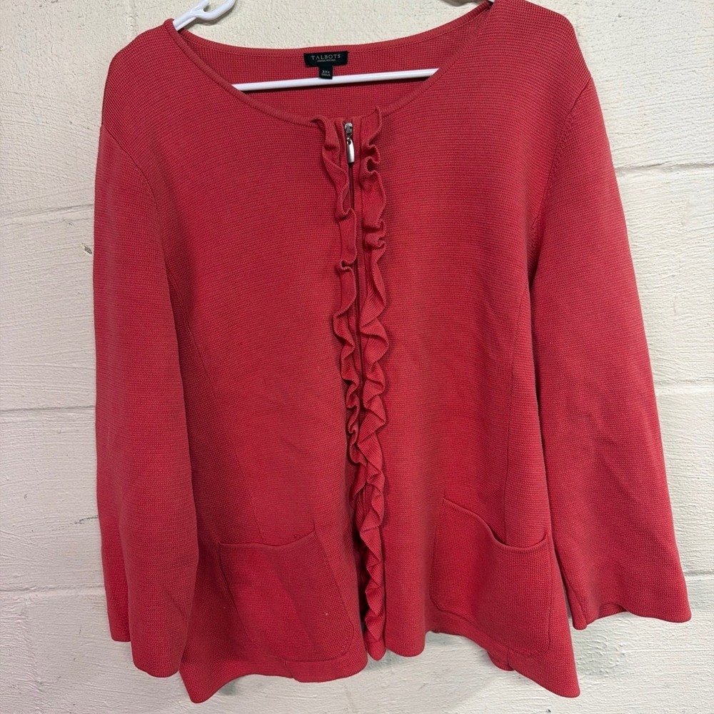 Talbots Woman Petites Coral Pink Ruffle Zip Front Cardigan Sweater 3XP Plus Size